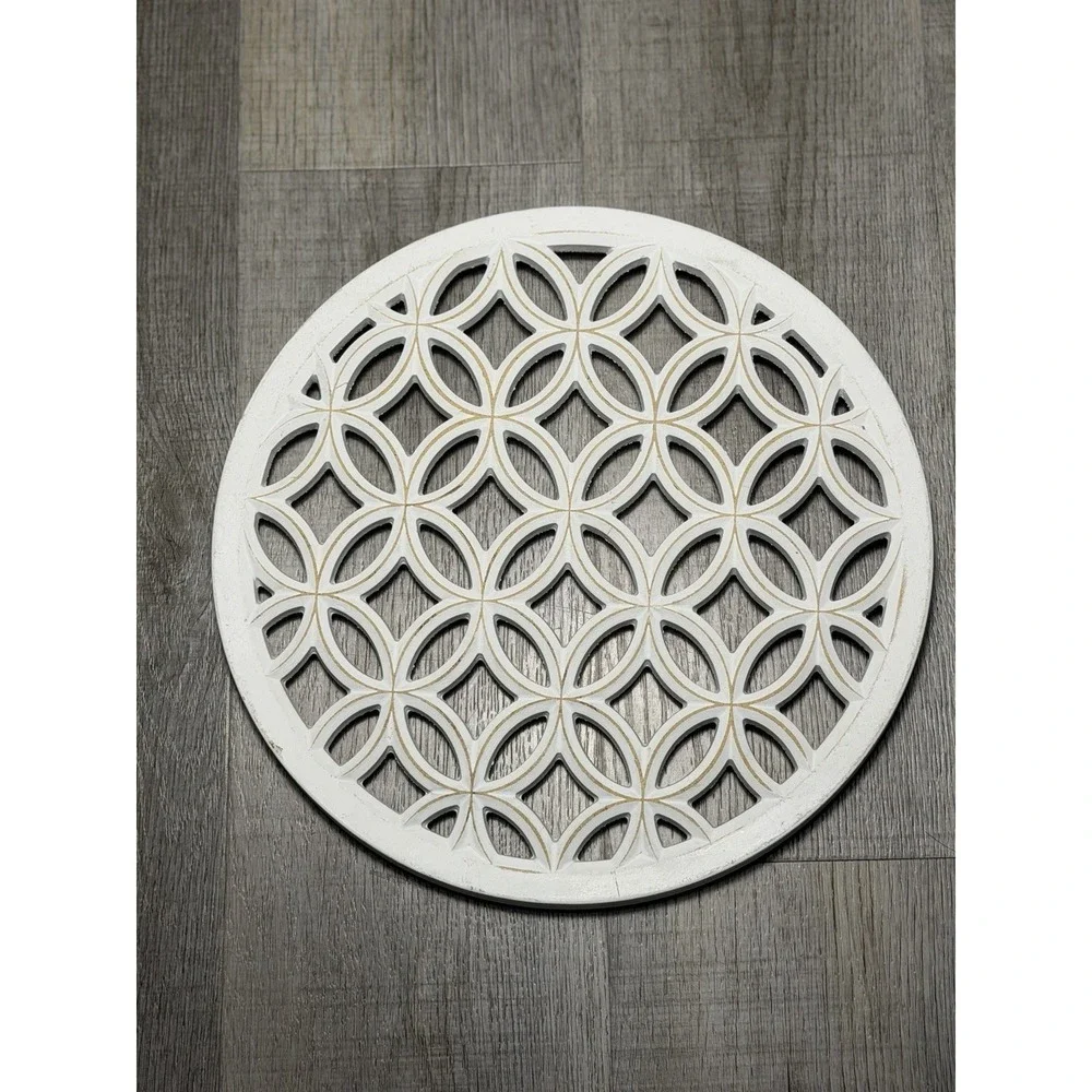 Wood Wall Flower Of Life Medallion Distressed White Scrolled 14
